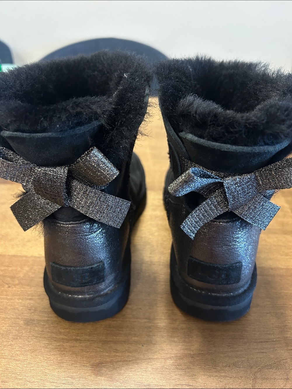 UGG Metallic Black Girls Ankle Boots with Glitter Bow